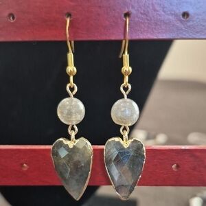 Gold-Tone Labradorite Heart Drop Earrings in Gray